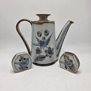 Ken Edwards Tonala Teapot Salt Pepper Shakers Blue Bird Mexican Folk Art Pottery
